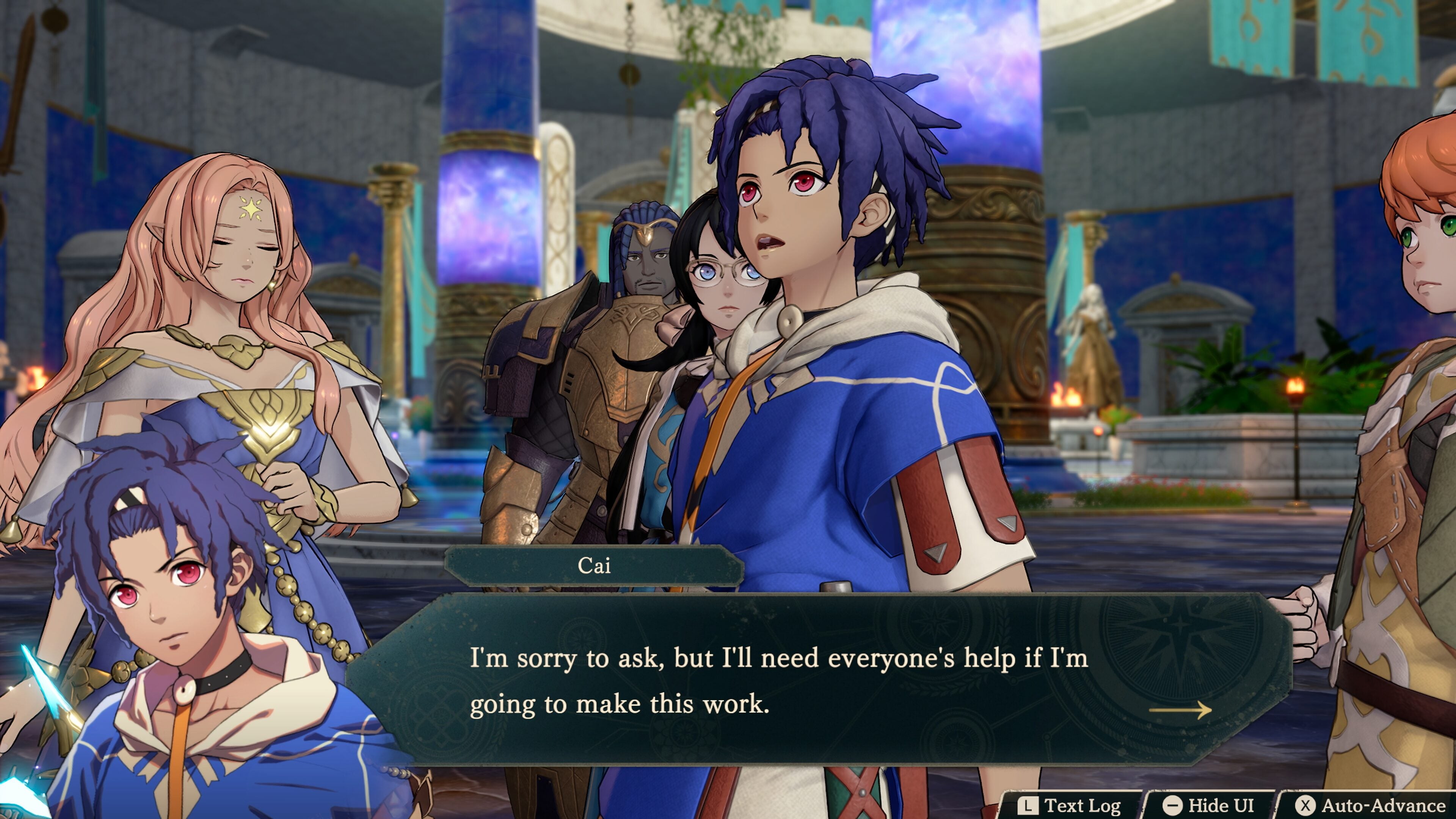 Cai speaking to a gathered party inside a blue-lit temple hall during a story scene