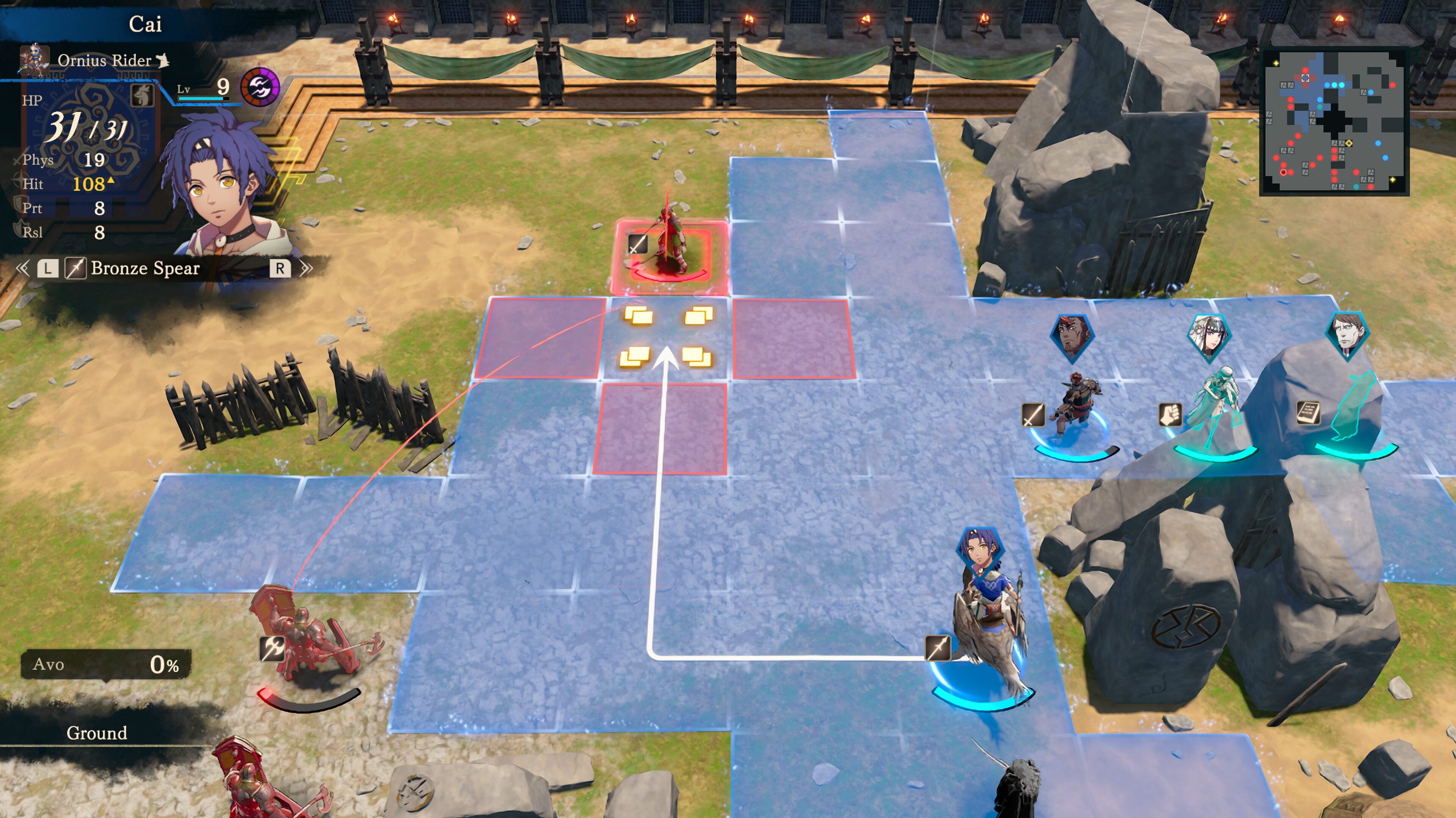 Movement range in blue and a traced path arrow for Cai on an arena battle map