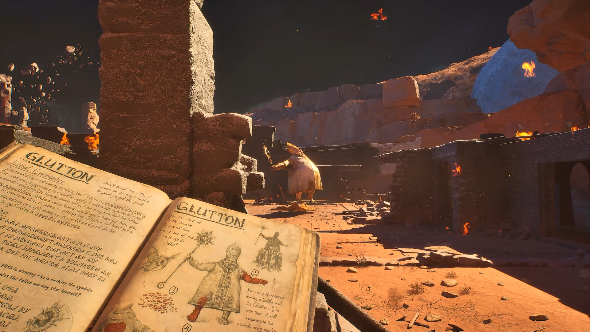 An open illustrated codex showing Glutton beside burning desert ruins.
