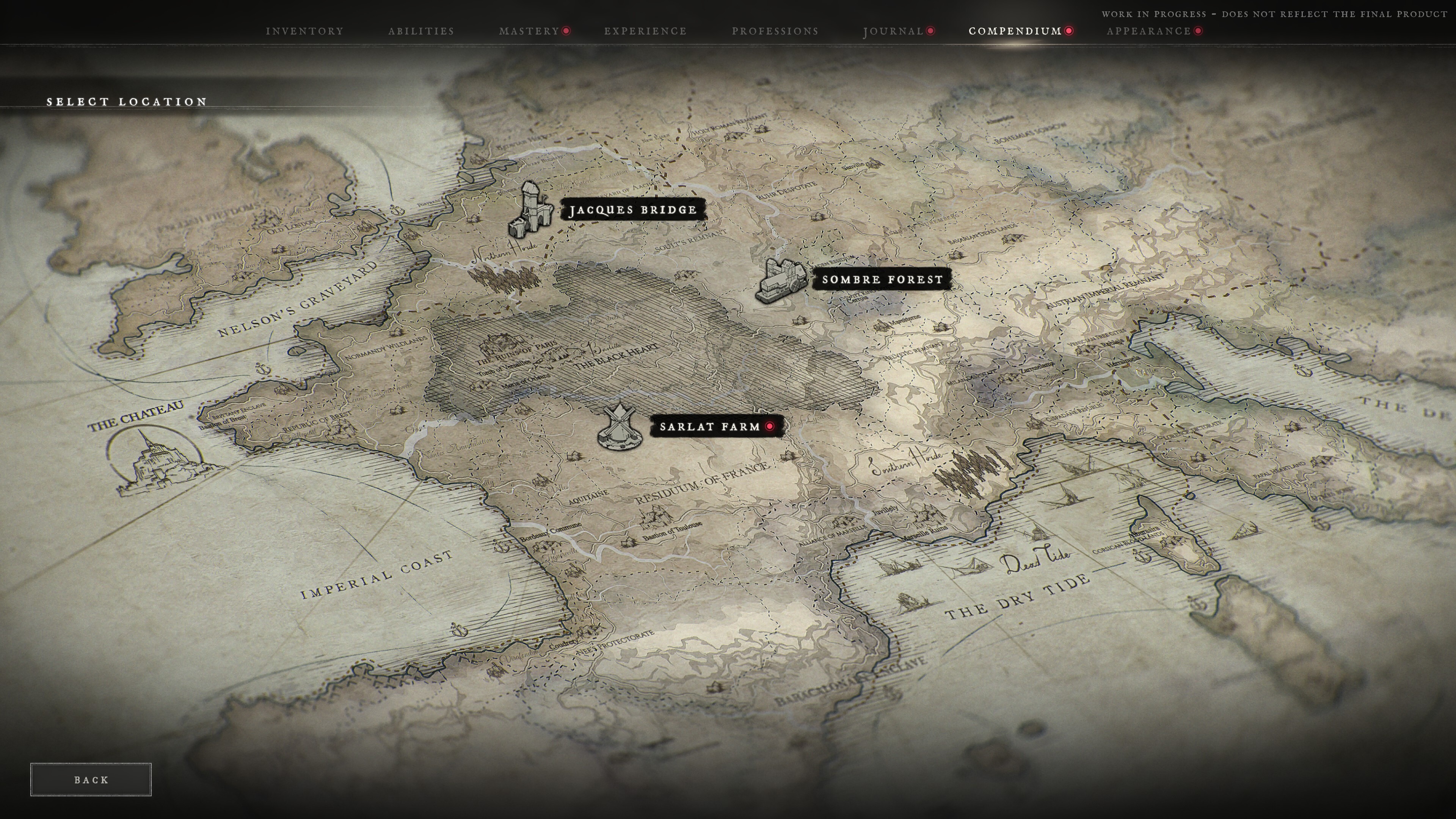 HUNGER's Expedition Map on the Select Location screen, showing a hand-drawn chart of post-plague Europe with the Chateau marked as an island abbey off the north-west coast and the Jacques Bridge, Sombre Forest and Sarlat Farm Expeditions pinned across the continent