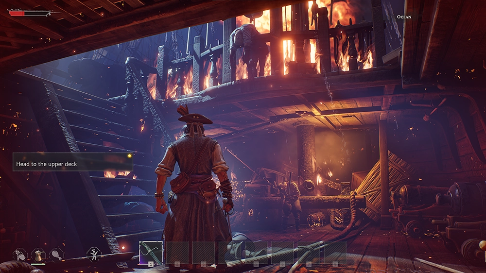 Windrose cinematic intro showing the protagonist on a beach with a shipwreck