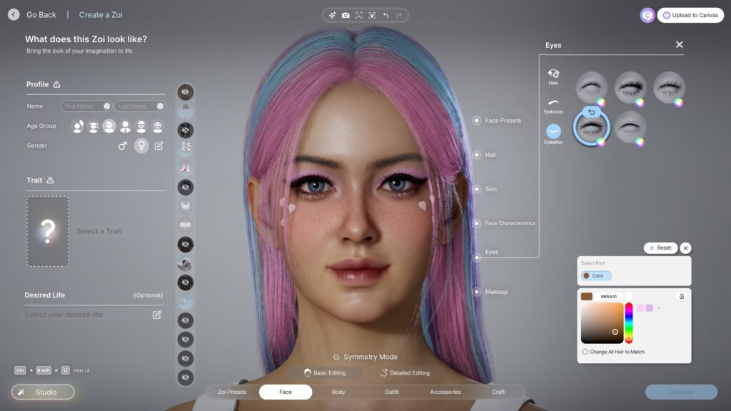 Makeup application interface in inZOI character creation
