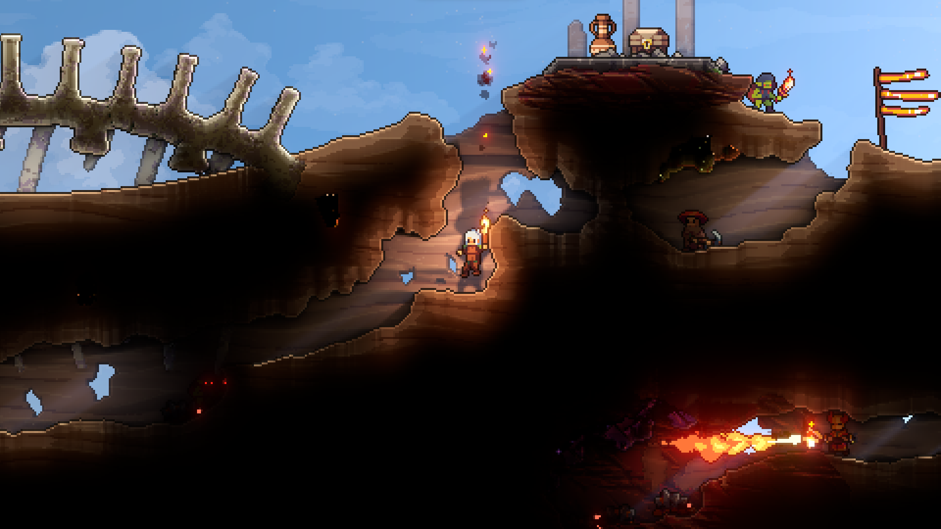 KYORA desert biome scene with a huge fossilised ribcage arching over excavated sand-rock, players digging by torchlight, a supply platform holding a chest and pottery, and a player burning insect enemies in a lava-lit tunnel below