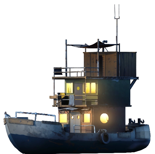 Official render of a Last Harbor survivor vessel, a steel-hulled boat with a multi-deck timber superstructure, lit windows, a canopied upper deck and an antenna mast