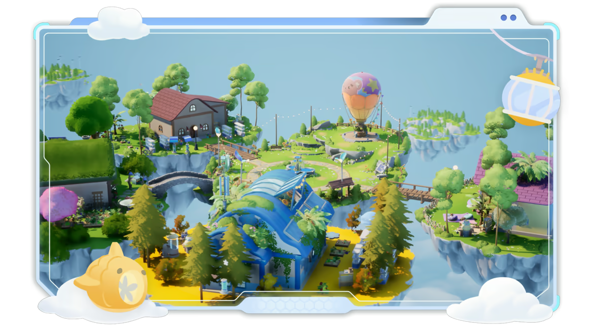 Homes and gardens on floating islands joined by bridges.