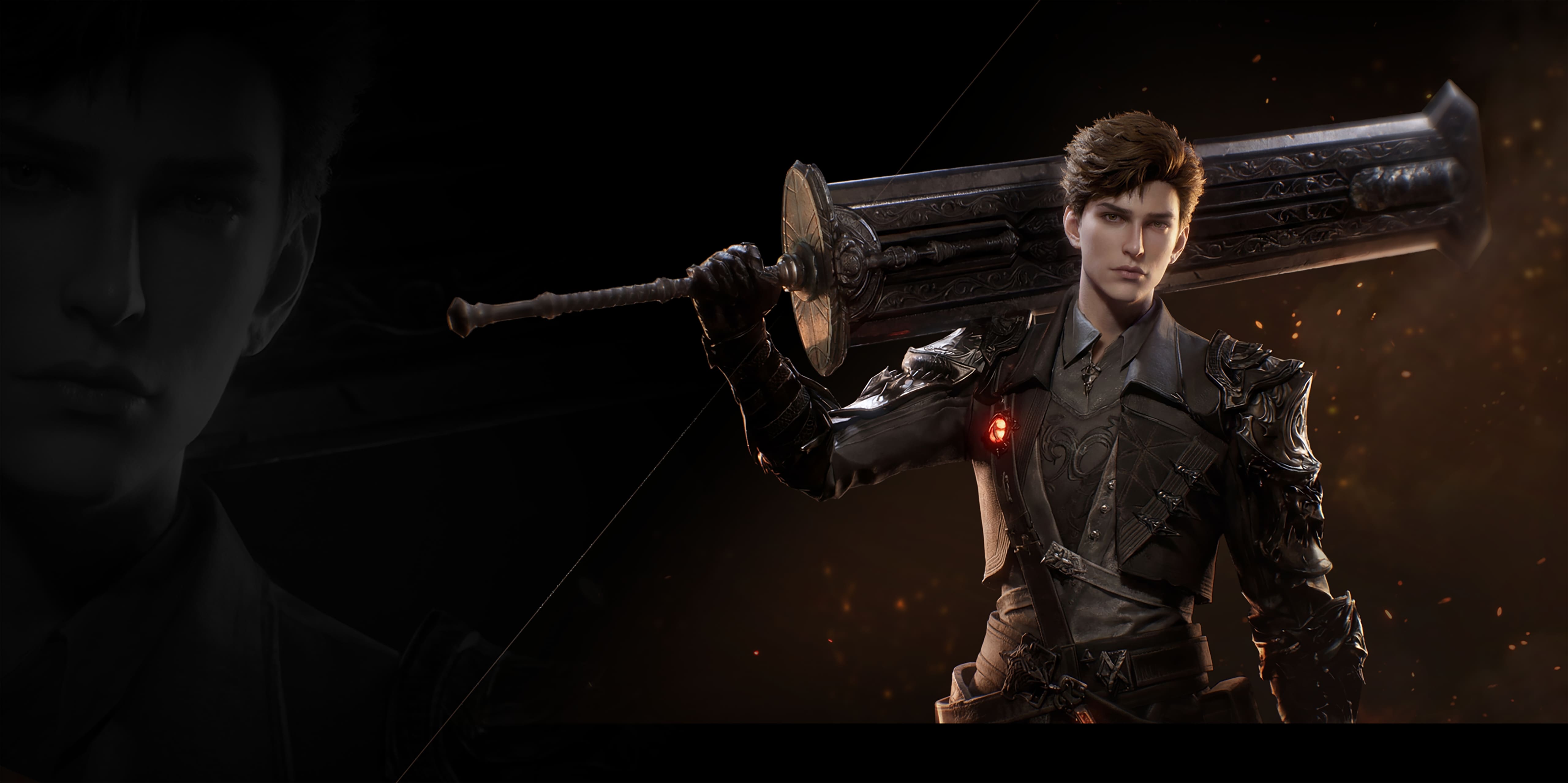 Official Warrior Pathway character key art, a swordsman in dark plate armor resting a massive greatsword on his shoulder