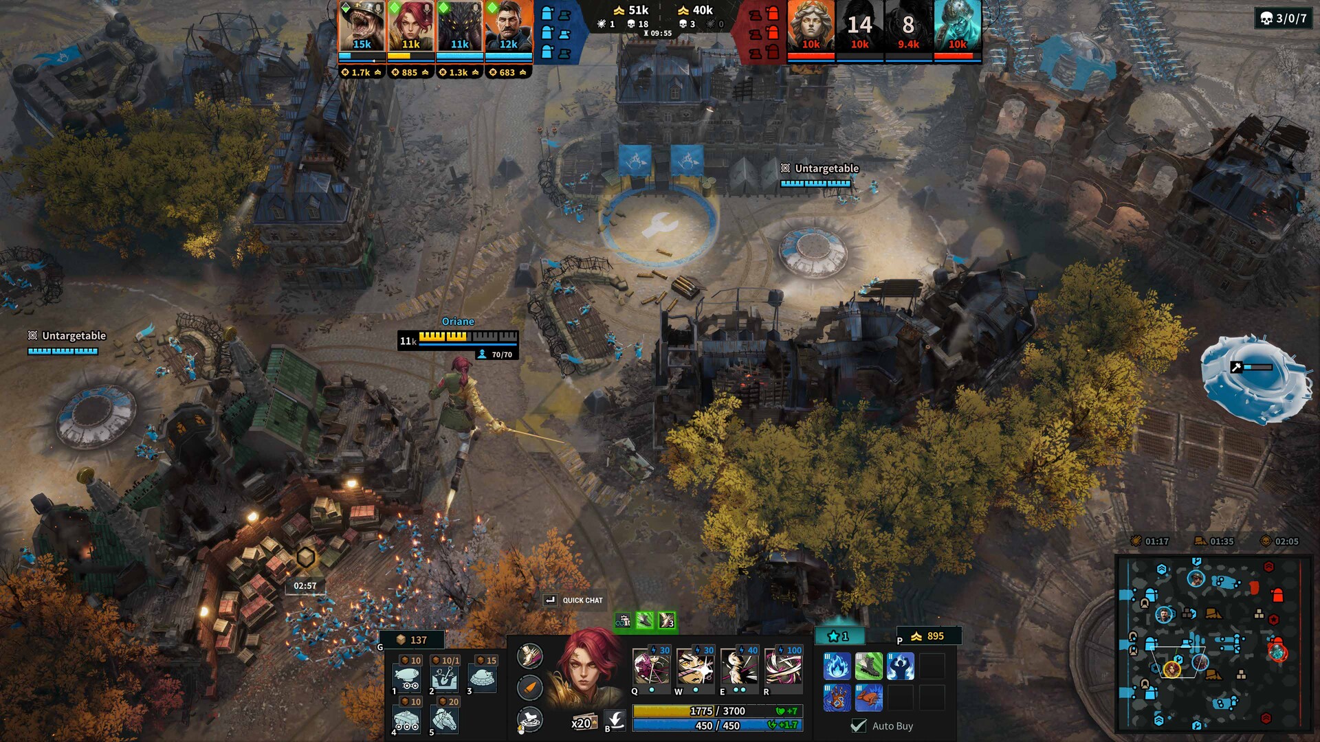 Oriane moves through ruined streets among resource crates and fortified positions