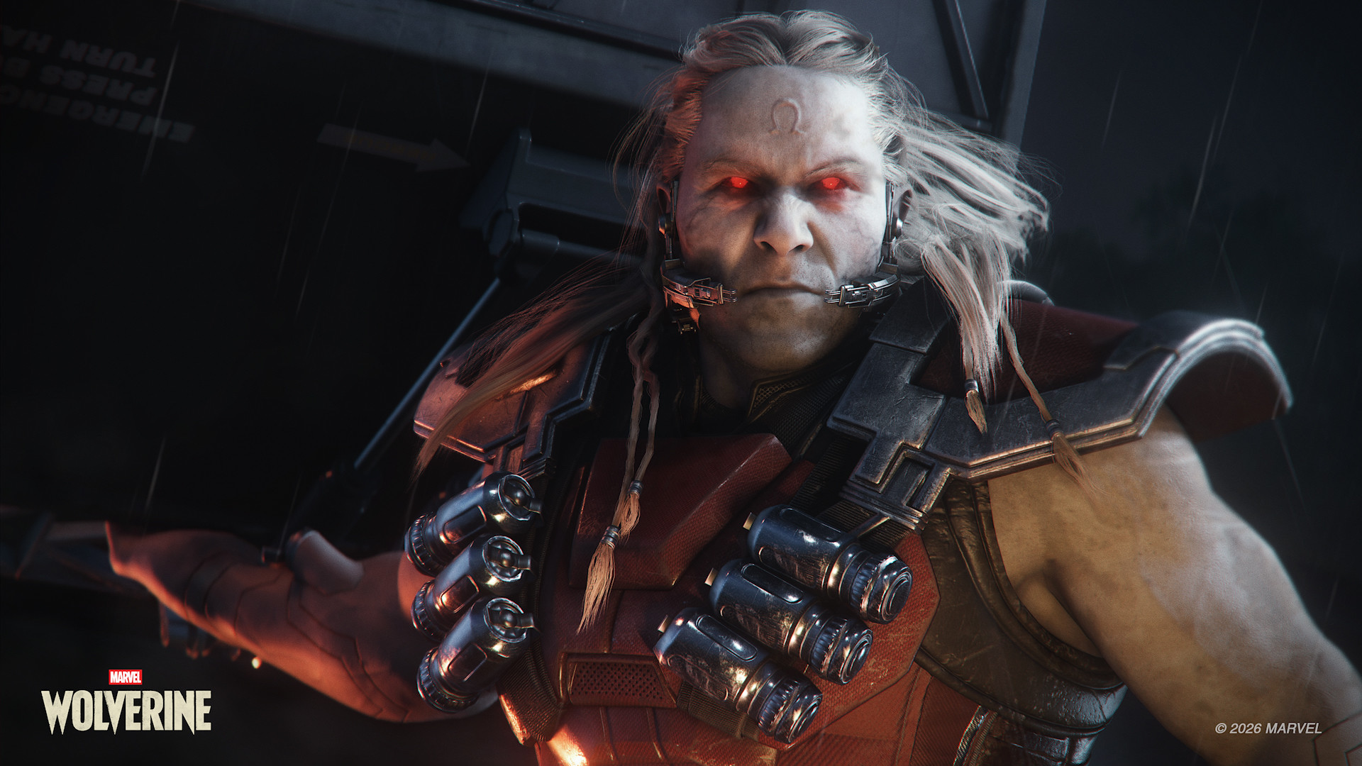 Omega Red in Marvel's Wolverine, shown chest-up in the rain with white-blond hair, glowing red eyes, an omega brand on his forehead and carbonadium coil housings across both shoulders