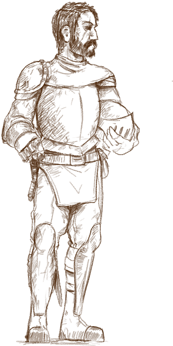 Concept sketch of a bearded Human man in layered armour standing at ease