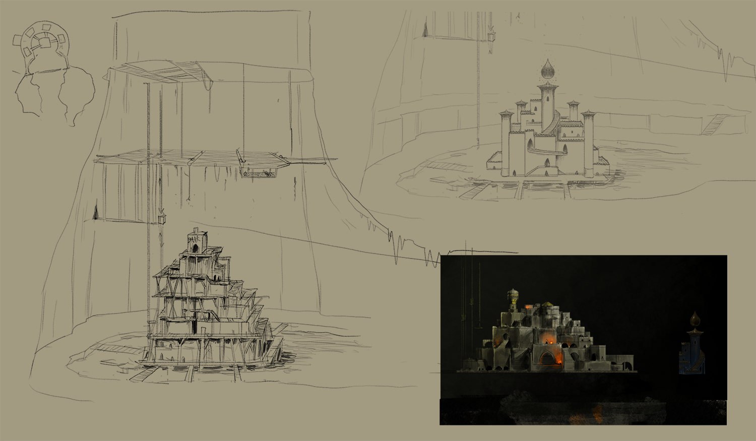 Concept art sheet for a tiered underground dock settlement, with a small test render inset