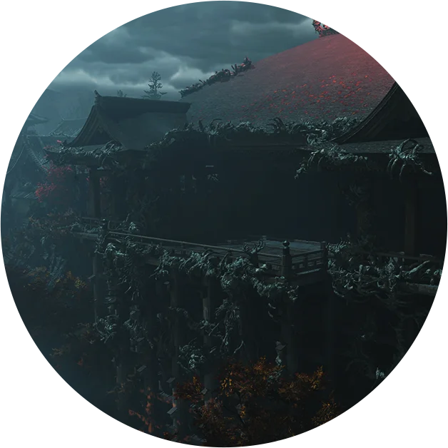 Official location art for Kiyomizu-dera Temple, its cliff-top wooden stage and pillared understructure overgrown with pale creeping growth beneath a red-topped hill