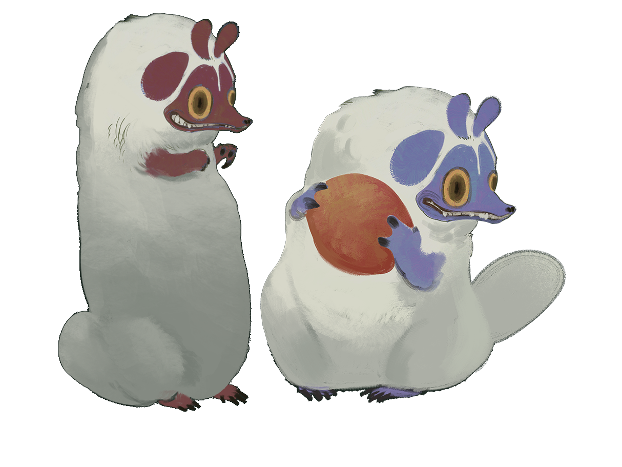 Two Moles, small white-furred creatures with violet ear tufts and long snouts, one clutching an orange fruit against its belly