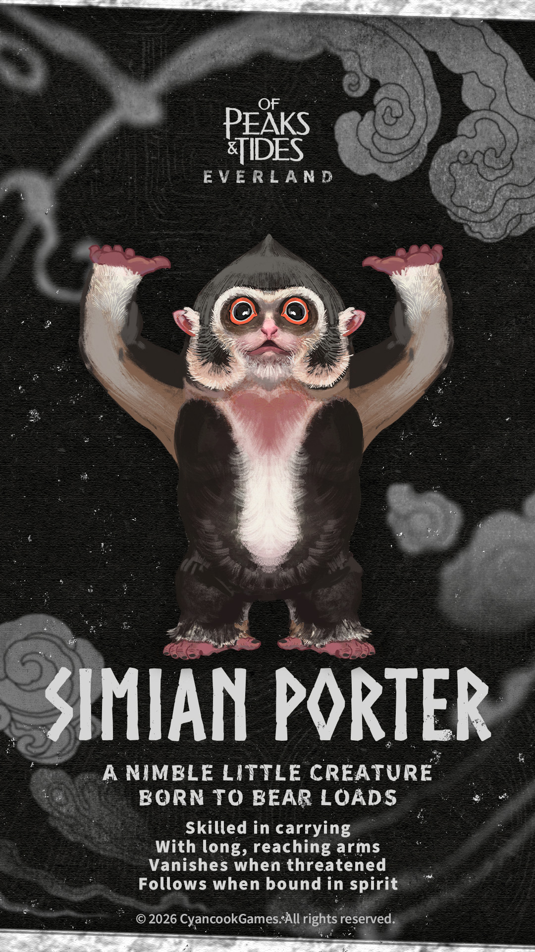 Official creature card for the Simian Porter, a wide-eyed long-armed primate, listing its carrying skill and spirit bond