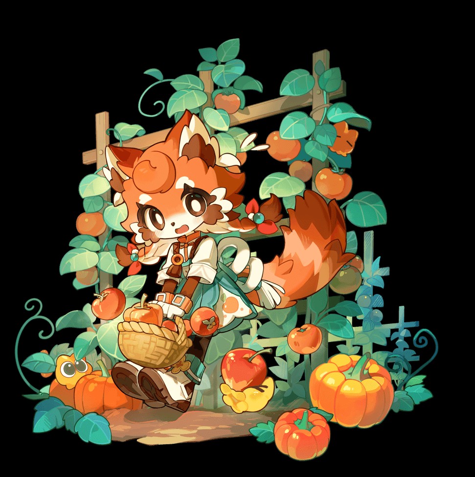 Yunguo, the red panda Cultivator Neighbor, holding a basket of harvested apples among pumpkins and fruit vines.