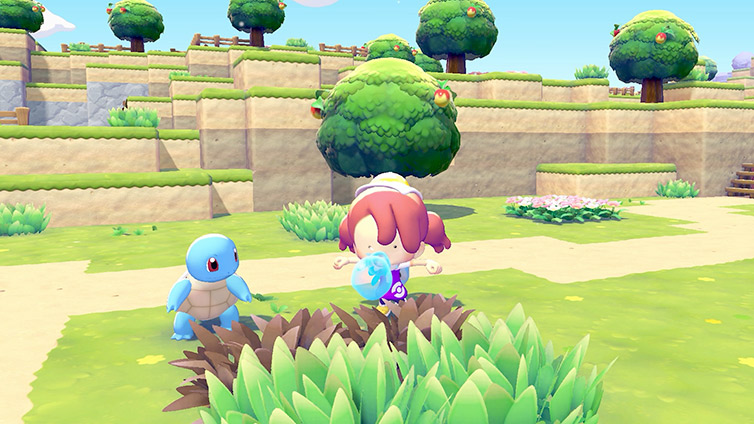 Ditto and Squirtle using Water Gun together to water dried grass in the Withered Wasteland
