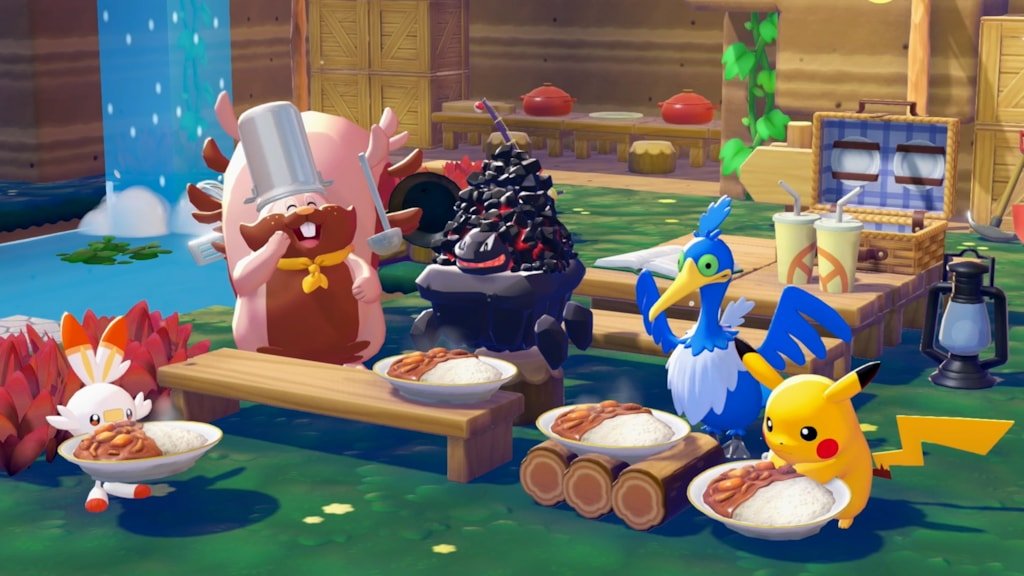 Chef Dente the Greedent cooking curry alongside Scorbunny, a coal-carrying Pokemon, Cramorant, and Pikachu with bowls of food