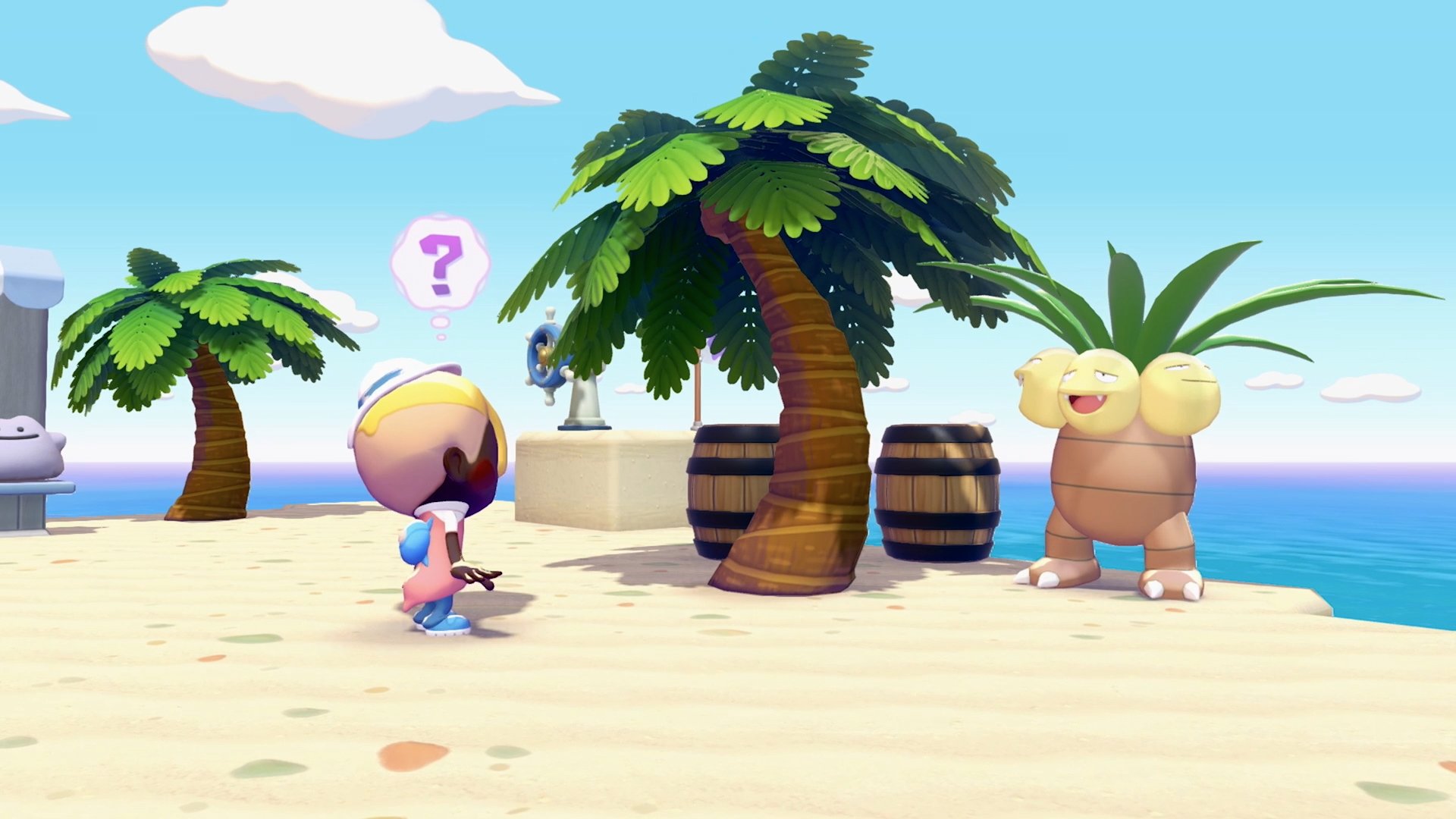 A player standing on the beach near an Exeggutor with palm trees and ocean in the background