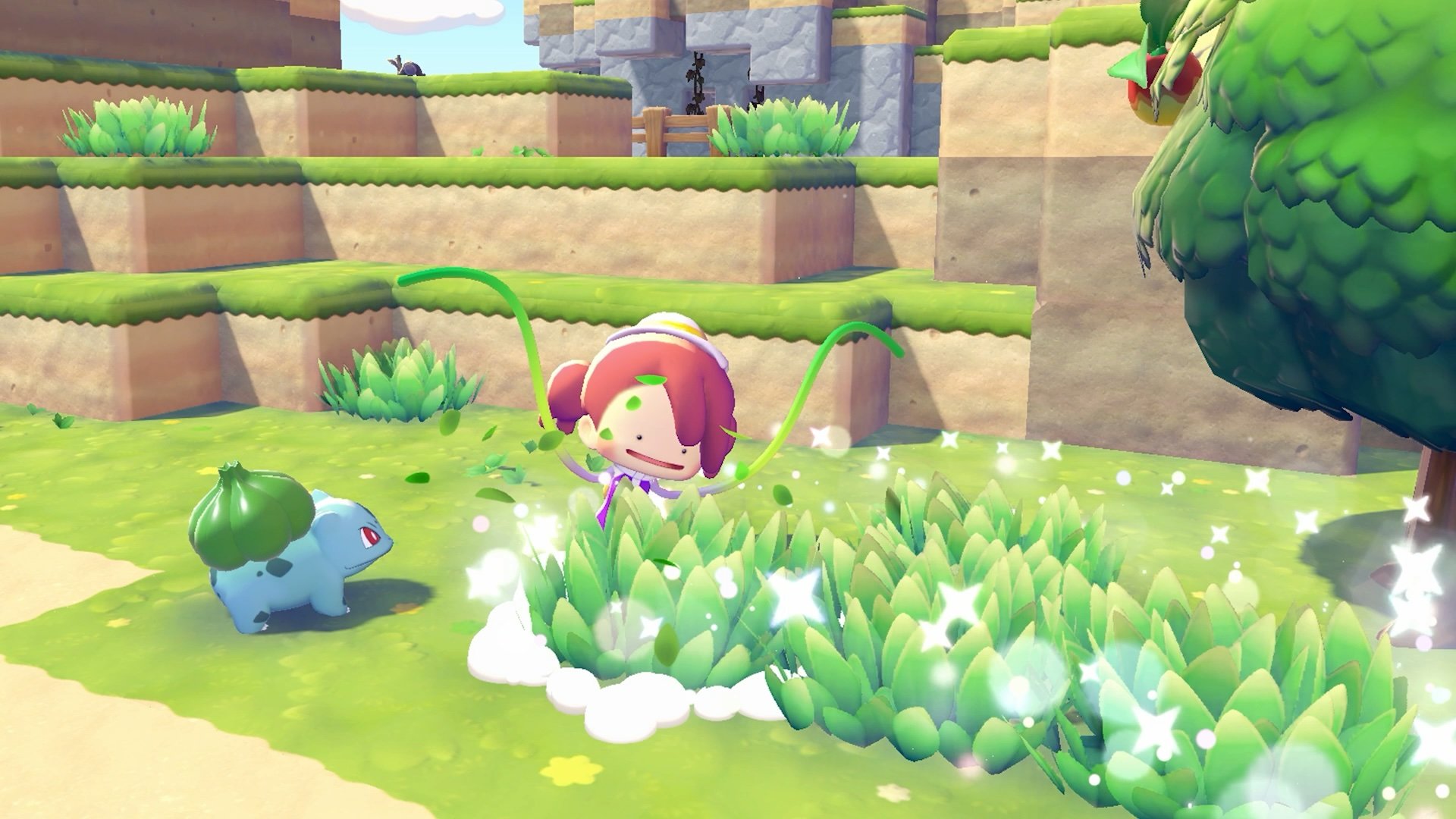 Player character foraging alongside Bulbasaur in a tall grass habitat, with sparkles indicating items being gathered from plants