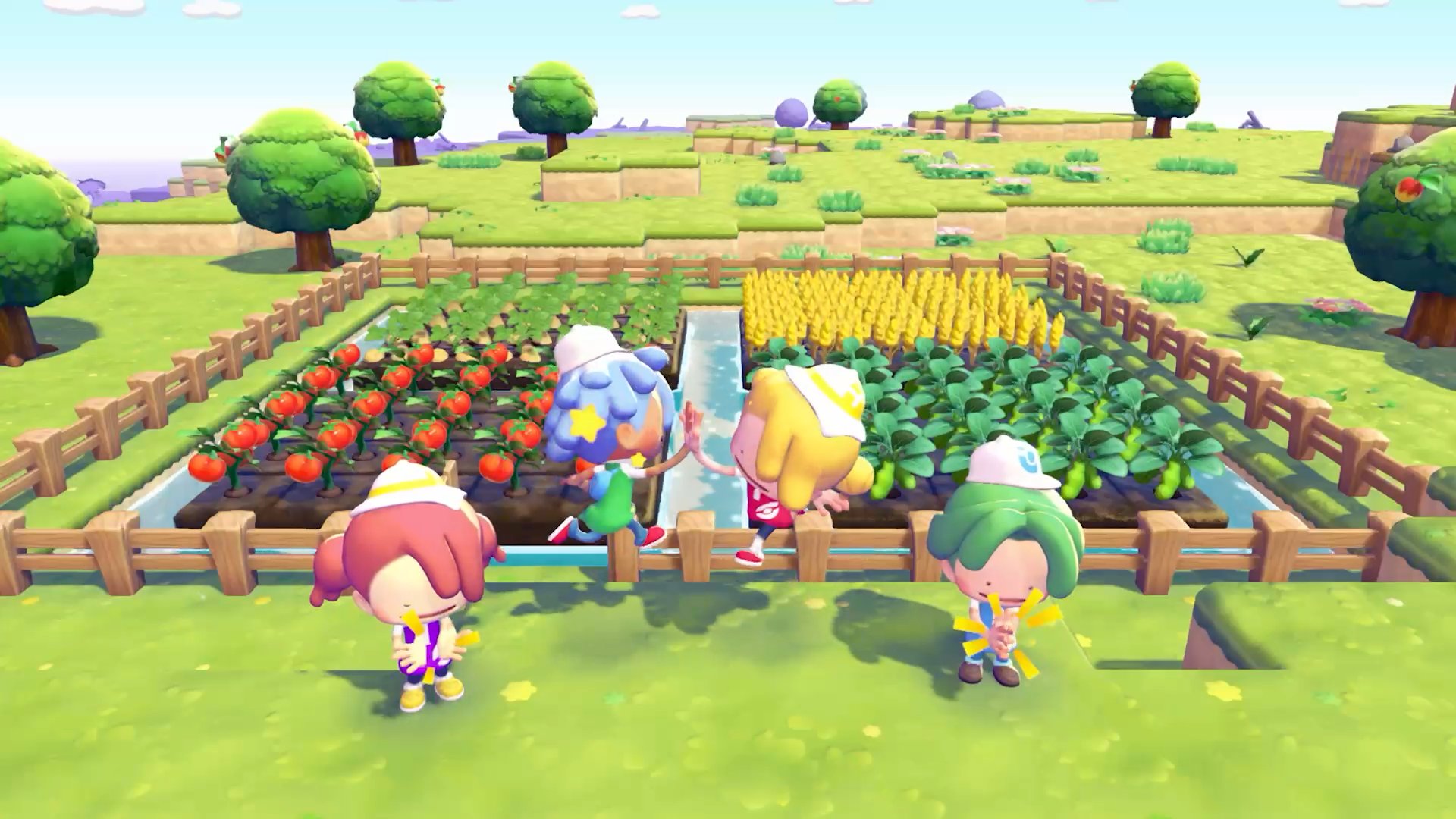 Multiple players working together on a farm plot, watering crops and tending to berry trees in multiplayer mode