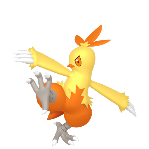 Combusken sprite from Pokemon Pokopia showing the Young Fowl Pokemon with Burn and Build specialties