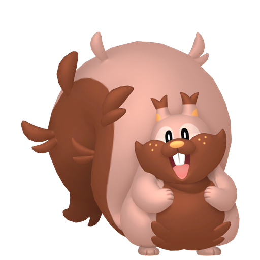 Greedent sprite from Pokemon Pokopia showing the Greedy Pokemon with Party specialty