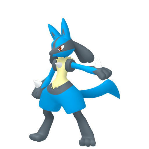 Lucario sprite from Pokemon Pokopia showing the Aura Pokemon with Build specialty