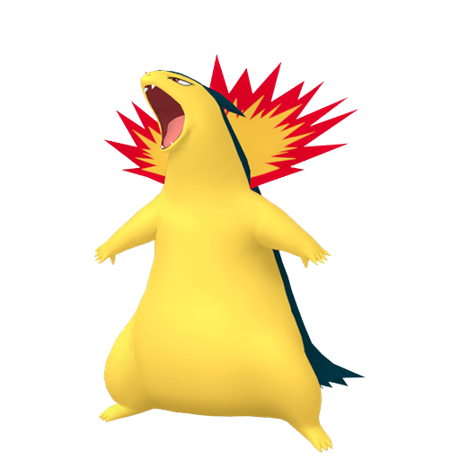 Typhlosion sprite from Pokemon Pokopia showing the Volcano Pokemon with Trade and Burn specialties