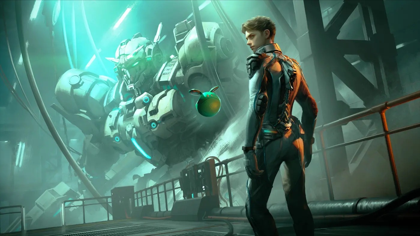 Official character art of RE-X in a black and orange pilot suit, looking back from a hangar gantry with Gundam Helix lit behind him and his round green Haro companion floating alongside