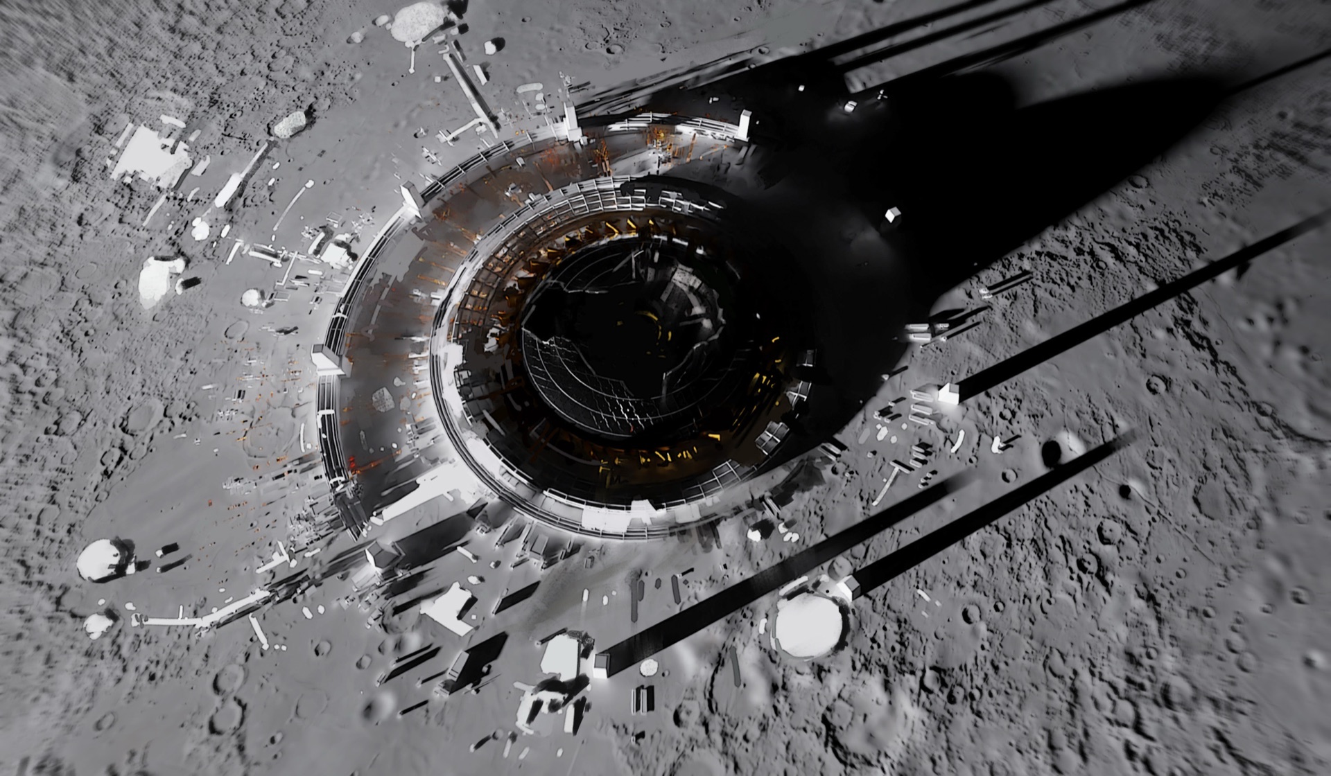 Overhead view of District 25, a lunar city ruin: a circular terraced settlement whose dome has been broken open, exposing the interior lattice to the surface, with lights still burning in the terraces