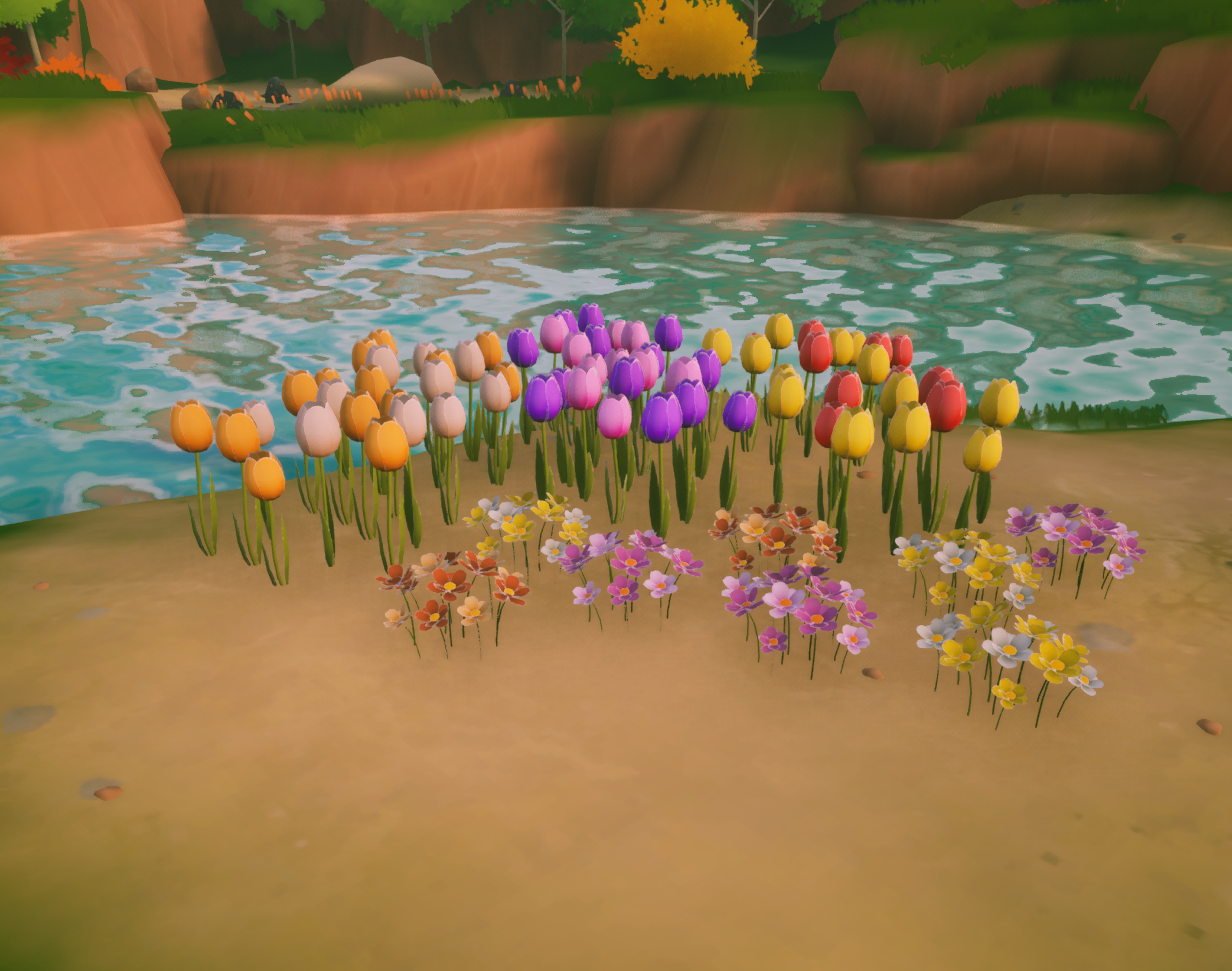 Colourful flower patches grow beside a pond and rocks on a Solarpunk island