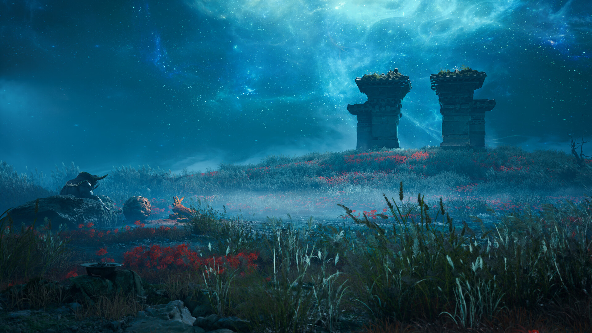 A night meadow of red flowers running up to two ruined stone towers under a star-clouded sky.