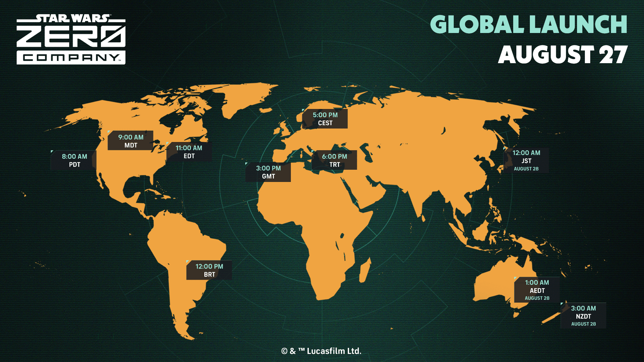 Official global launch map for August 27, marking unlock times of 8:00 AM PDT, 9:00 AM MDT, 11:00 AM EDT, 12:00 PM BRT, 3:00 PM GMT, 5:00 PM CEST and 6:00 PM TRT, with Japan, eastern Australia and New Zealand falling on August 28