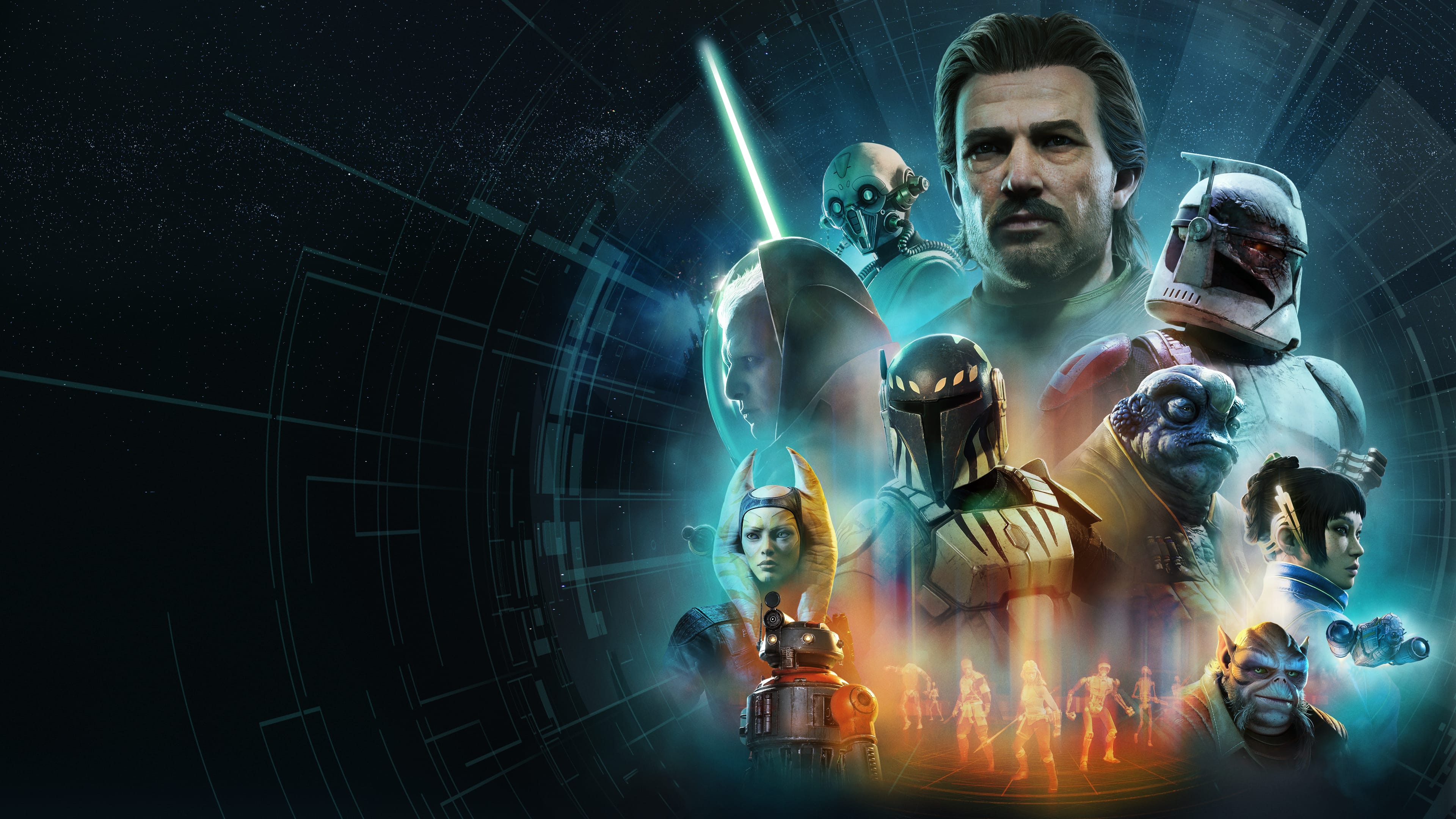Key art montage of the Zero Company cast, including a bearded human leader, a Mandalorian, a clone trooper, a lightsaber wielder and an astromech droid