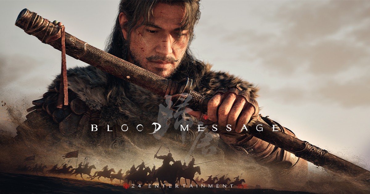 Blood Message hero key art - the nameless Messenger holds a sheathed sword above silhouetted Tang Dynasty cavalry