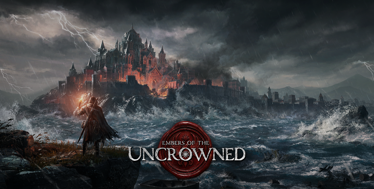 Embers of the Uncrowned key art - hooded heir of House Harborwell approaches the burning castle on a stormy coast