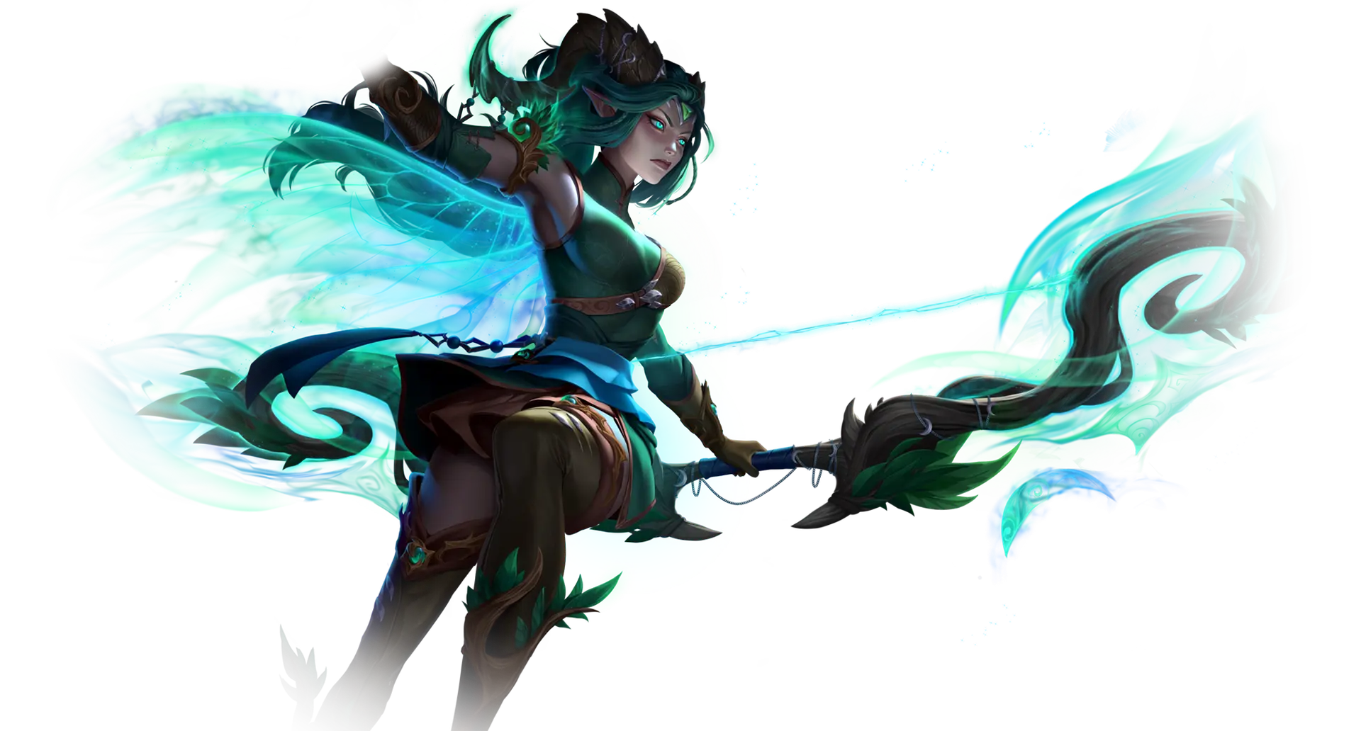 Nymera holding a bow with glowing teal effects.