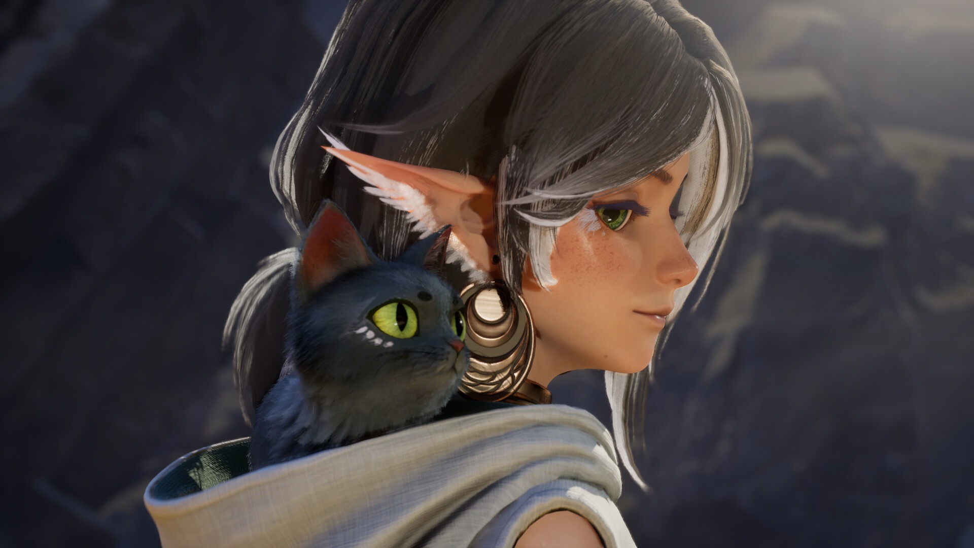Close portrait of Molly in profile, a pointed-eared young woman with dark hair streaked white, green eyes and freckles, wearing a pale wrap and a large ridged gold ear ornament, with the grey-blue cat Mio perched on her shoulder looking at the camera