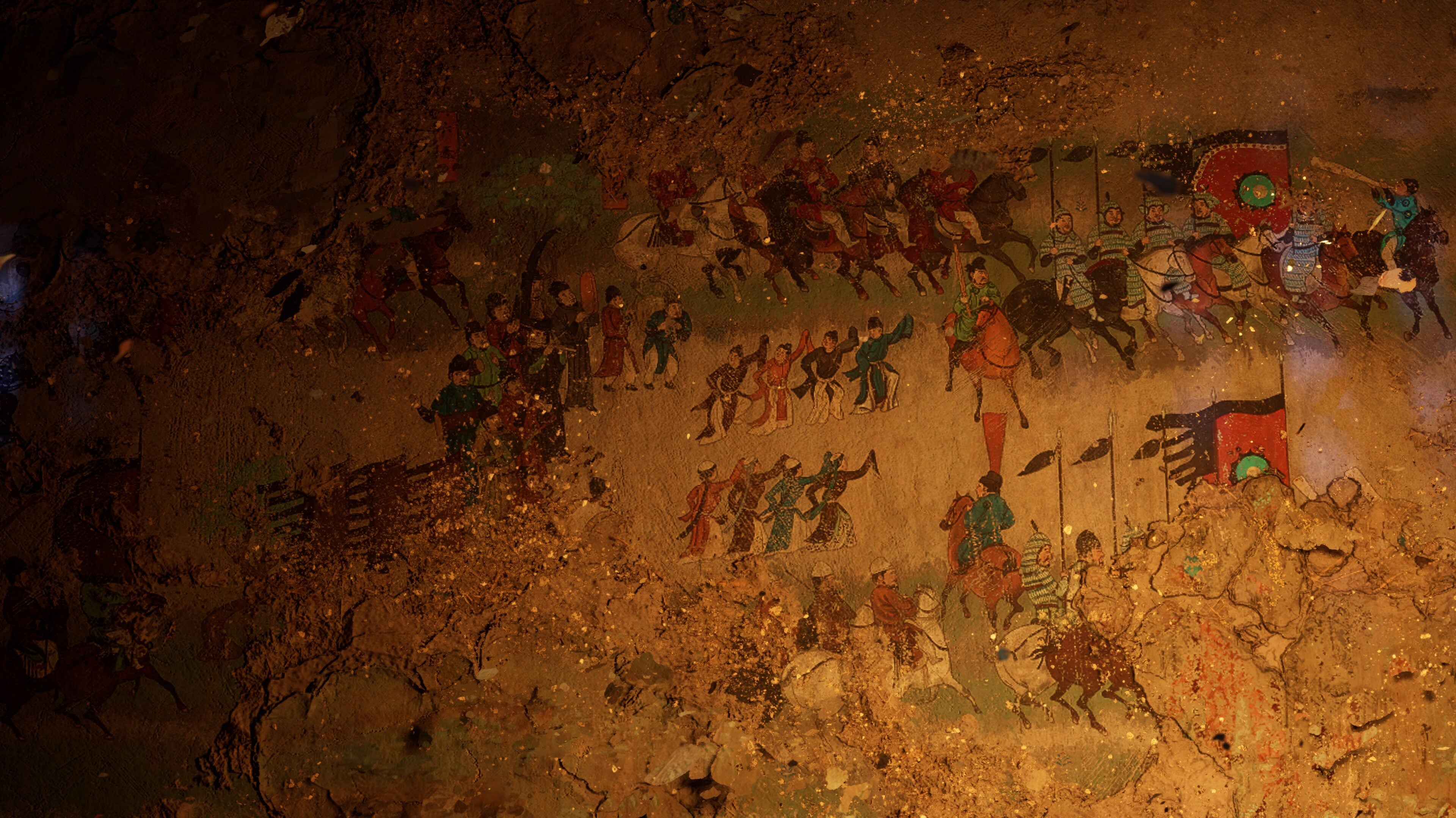 In-game reproduction of the Mogao Cave 156 Tang dynasty mural depicting Zhang Yichao's mounted return-to-righteousness army