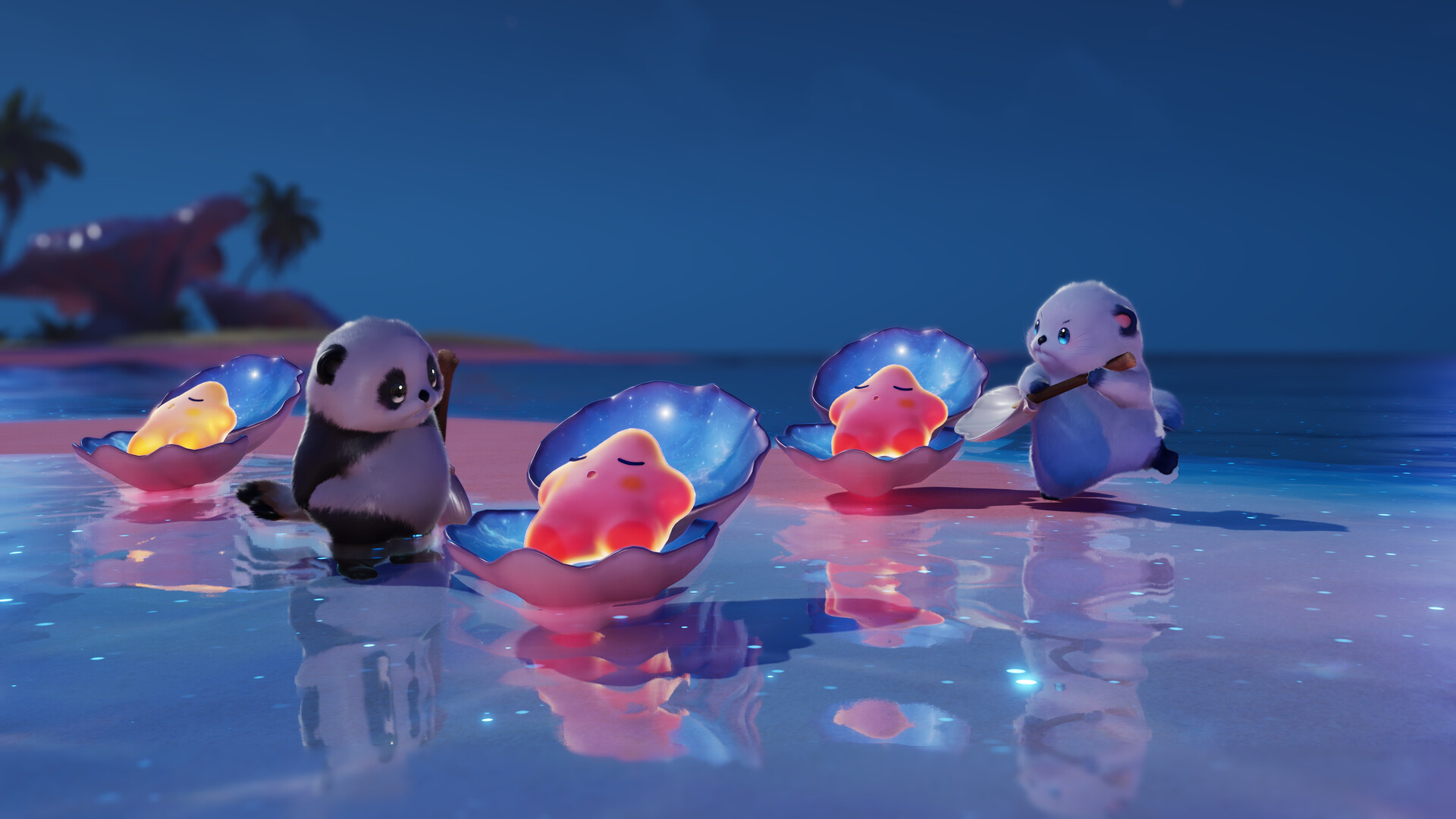 Four Aniimo floating in glowing open shells on a calm sea at dusk
