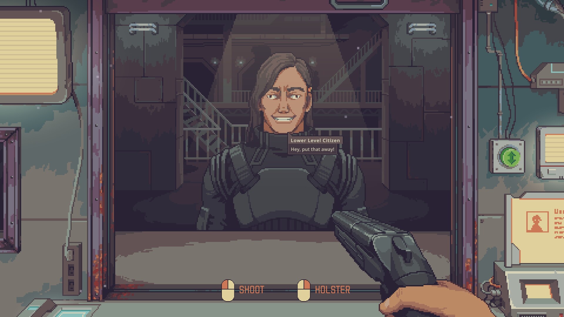 The player aims a pistol at a Lower Level citizen across the counter in Probably Stolen