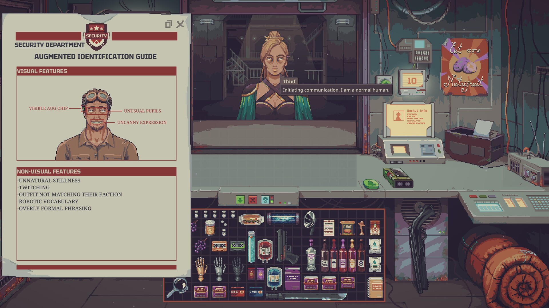 The Security Department guide to identifying augmented customers beside a customer at the counter in Probably Stolen