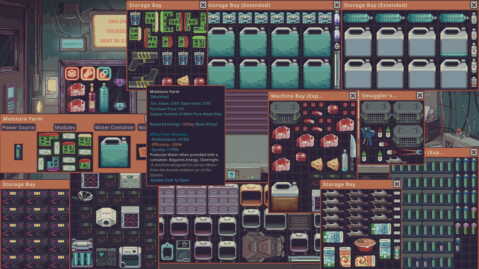 Storage bays, a machine bay and a Moisture Farm tooltip in a late game shop in Probably Stolen