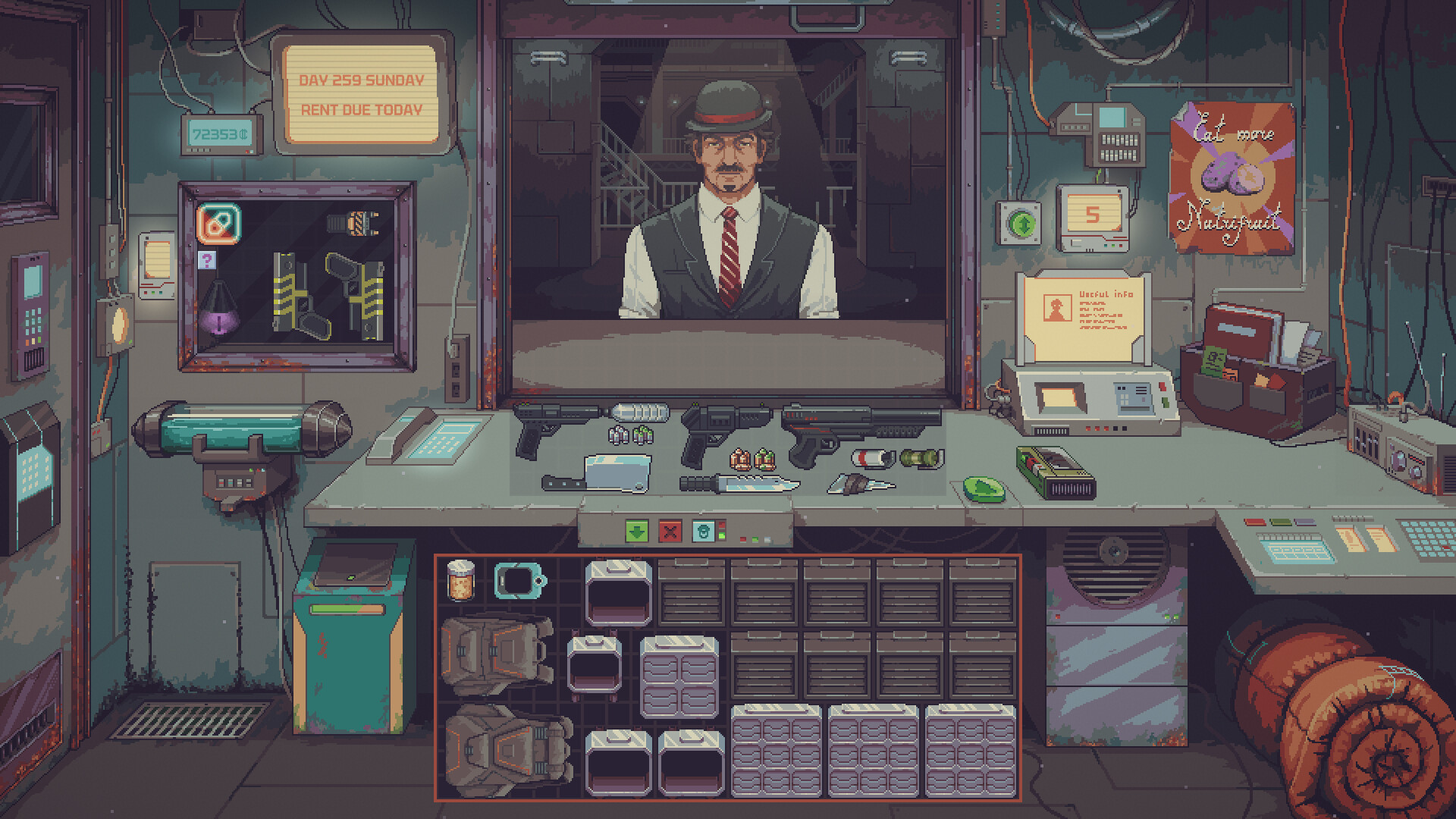 A customer in a bowler hat at the counter on a rent due day in Probably Stolen