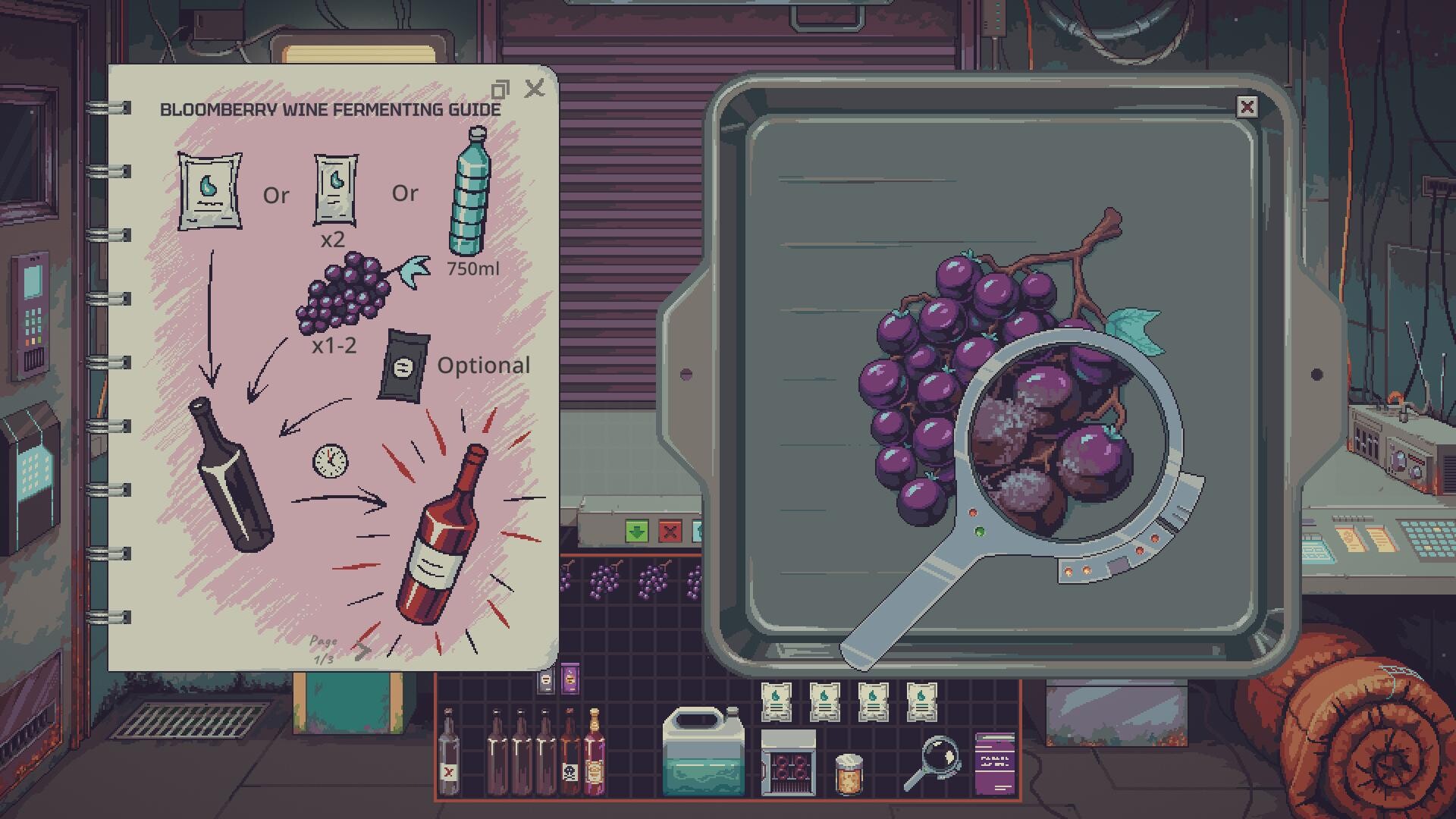 A wine fermenting guide next to a magnified bunch of grapes in Probably Stolen