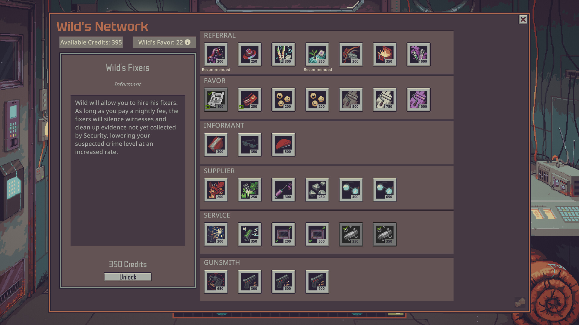 The Wild's Network upgrade menu showing Wild's Fixers and other services in Probably Stolen