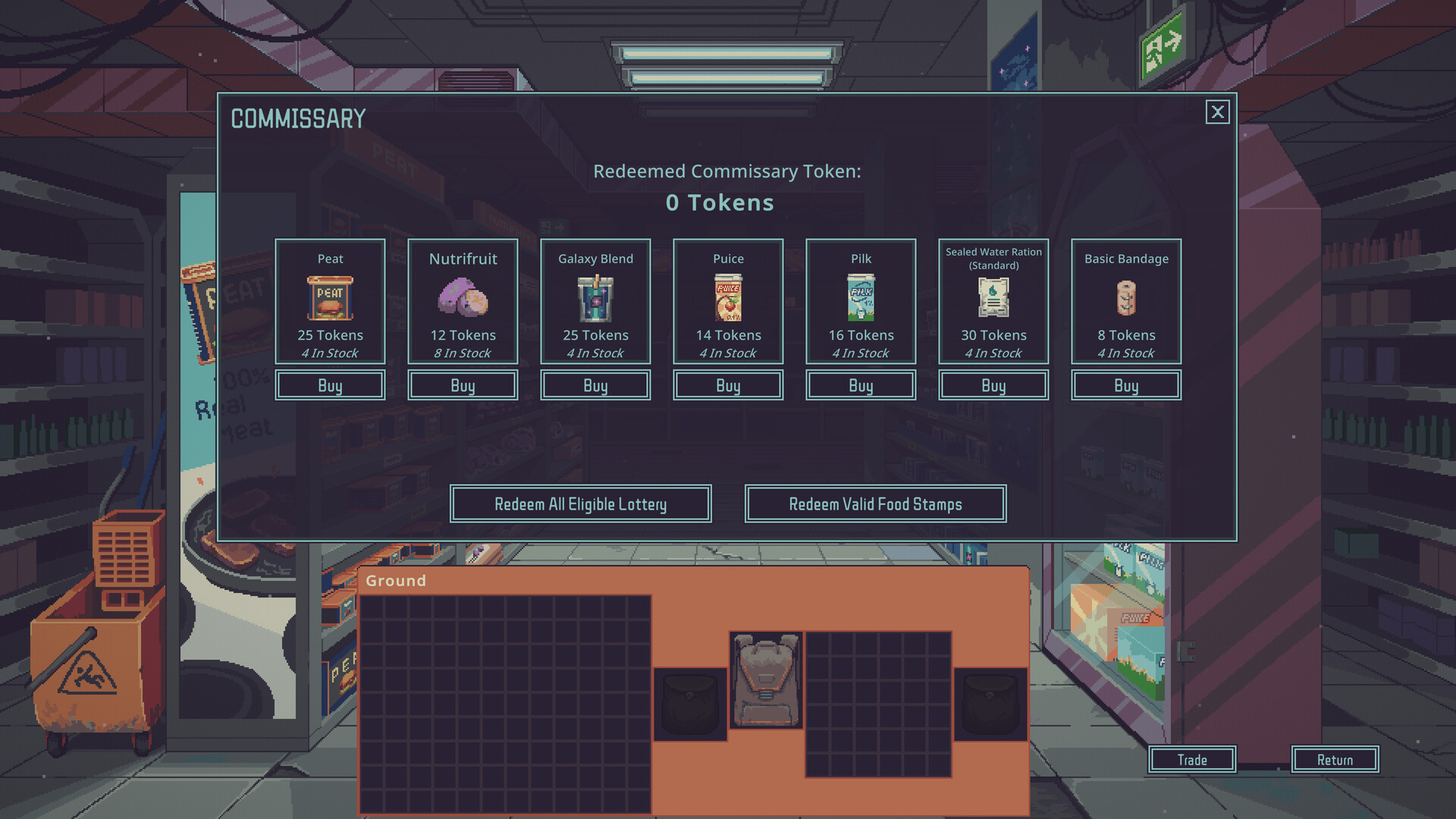 The Commissary token shop with food and bandages for sale in Probably Stolen