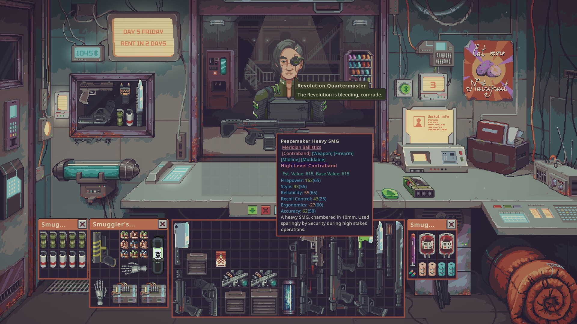 A Revolution Quartermaster at the counter while the player inspects a contraband heavy SMG, from a pre-release build of Probably Stolen