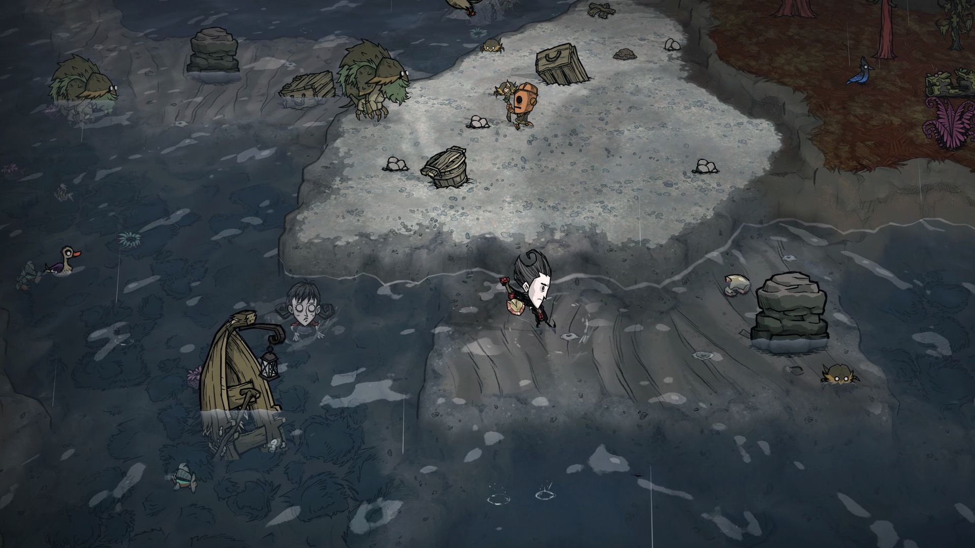 Wilson, WX, and Willow digging for clams together - official still showing co-op multiplayer survival