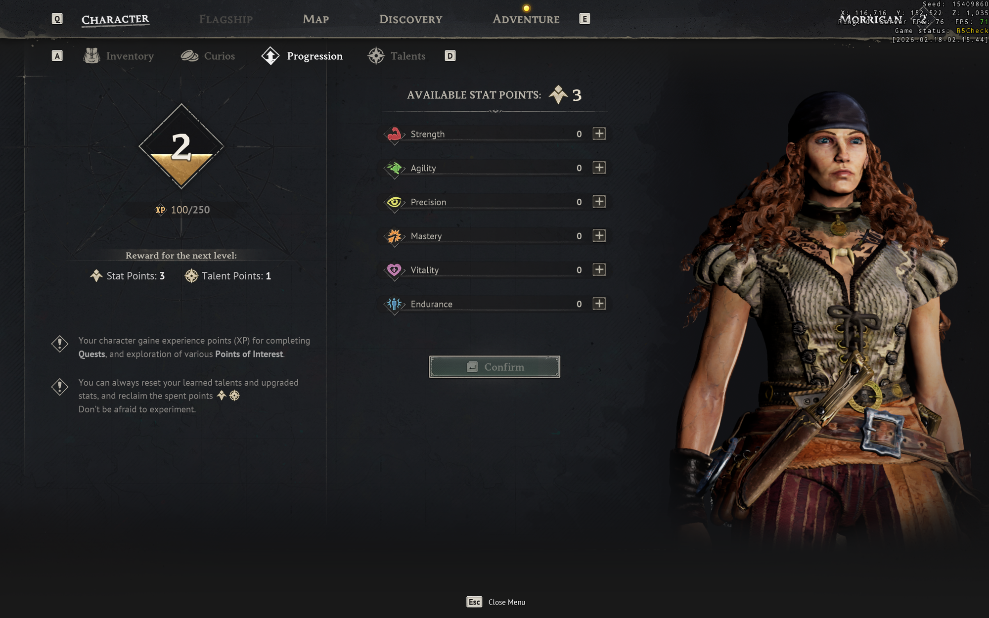 Character level-up and stat allocation in Windrose