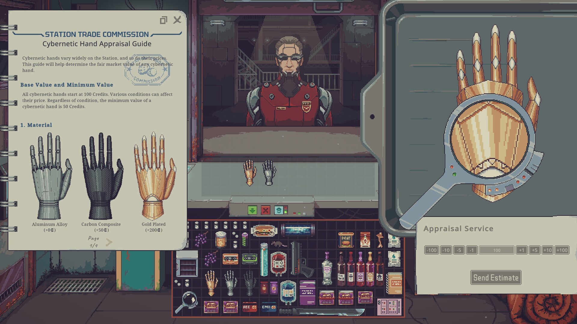 Appraising a gold plated cybernetic hand with the appraisal guide and estimate panel in Probably Stolen